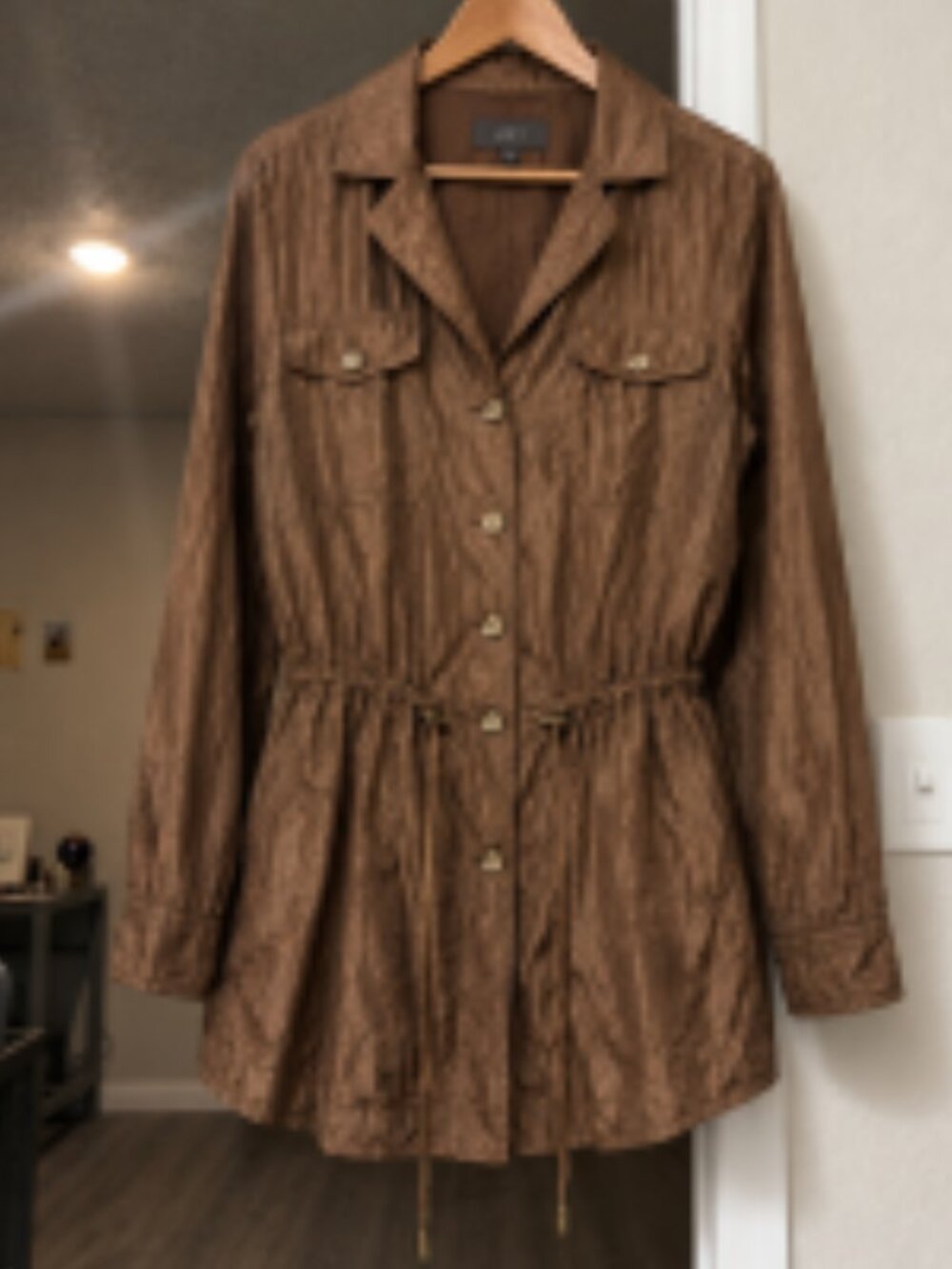 Vintage Forenza 100% Silk Brown Trench Coat Style Drawstring Jacket Sz Medium